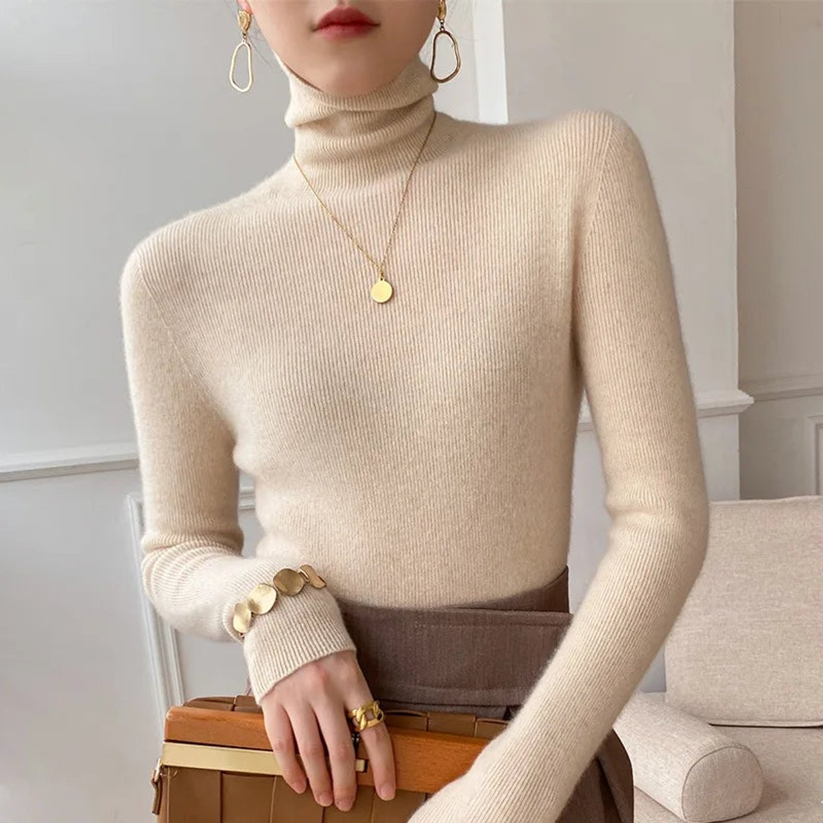 Edwige | Pull Col Roulé Femme Ajusté Toucher Cachemire - Ivoire perle