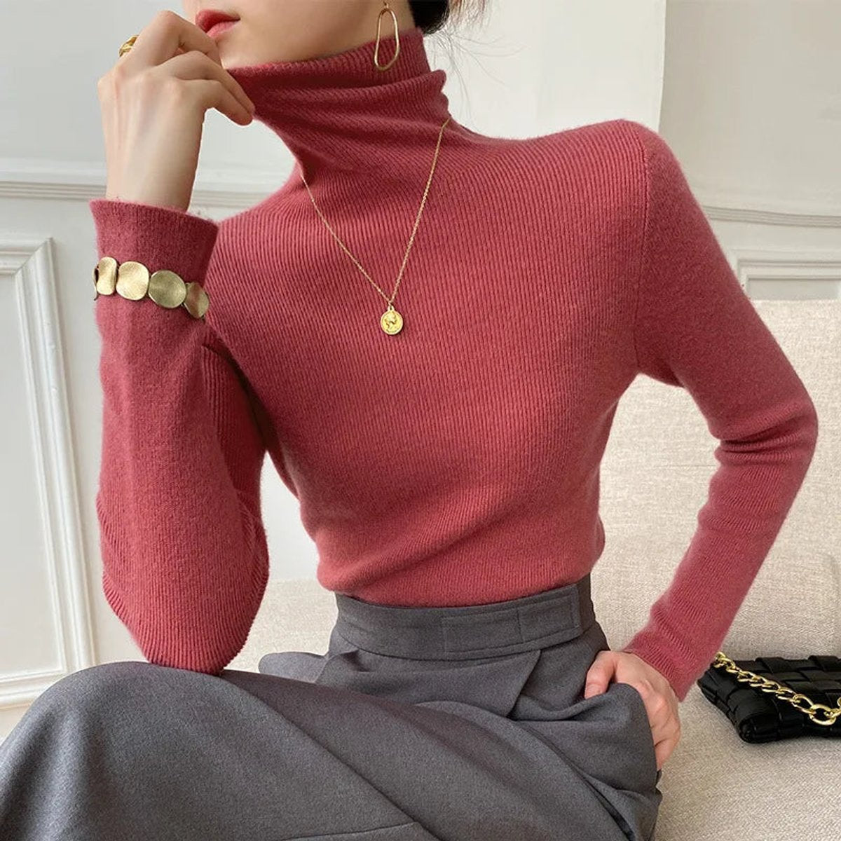 Edwige | Pull Col Roulé Femme Ajusté Toucher Cachemire - Vieux rose