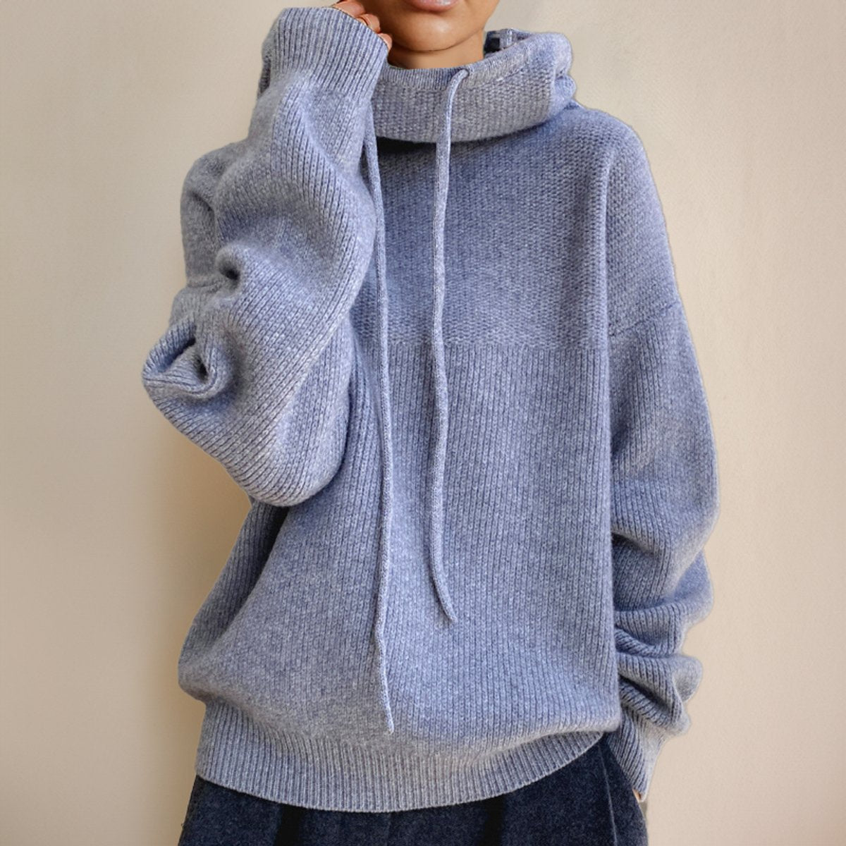 Éléa | Pull à Capuche Femme Grosse Maille et Col Montant - Gris