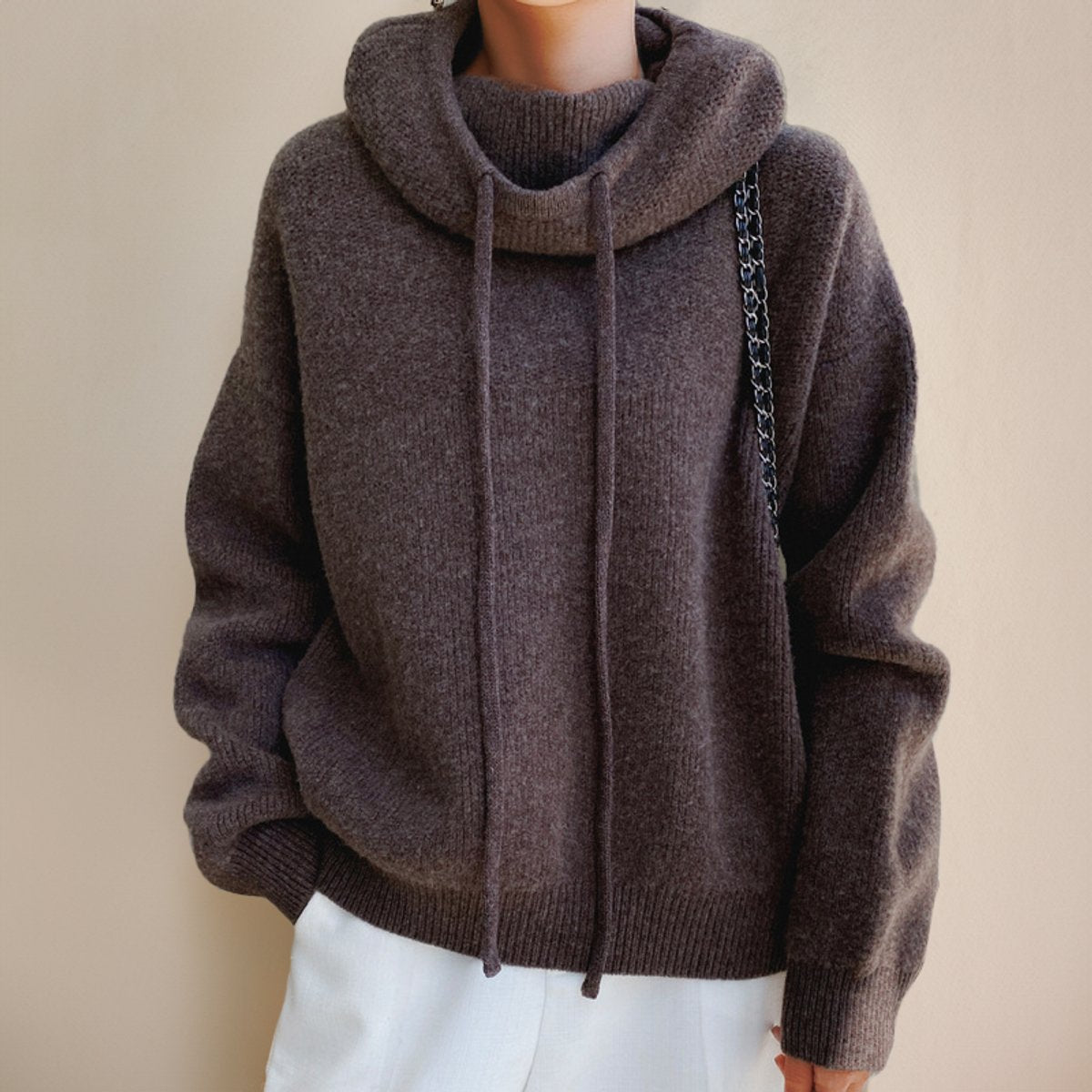Éléa | Pull à Capuche Femme Grosse Maille et Col Montant - Marron
