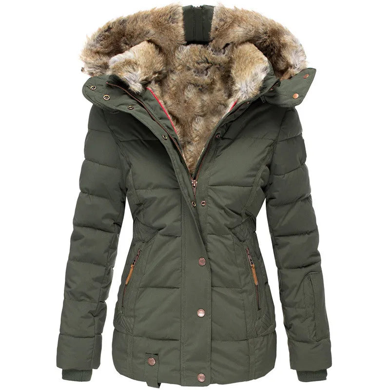 Éliane | Manteau Matelassé Mi-Long Femme à Capuche Fausse Fourrure - Vert