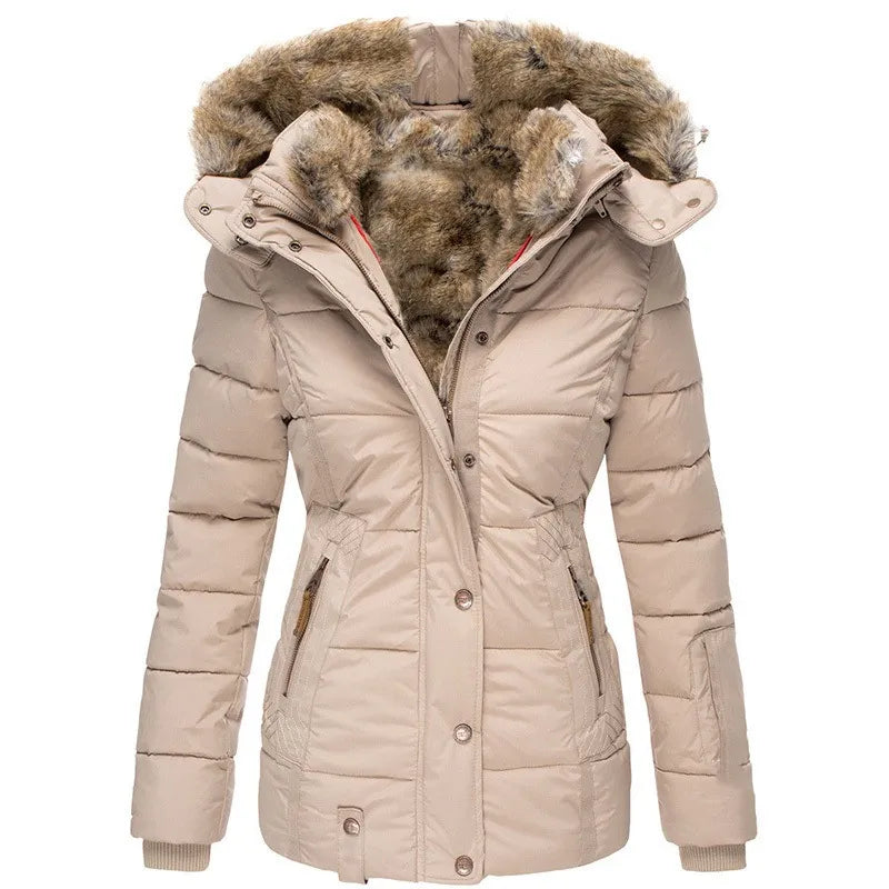 Éliane | Manteau Matelassé Mi-Long Femme à Capuche Fausse Fourrure - Beige