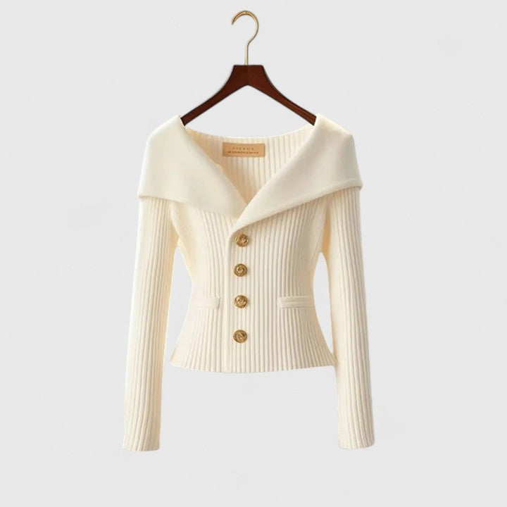 Élodie | Gilet Femme Ajusté en Maille Côtelée à Grand Col et Boutons Dorés - Blanc