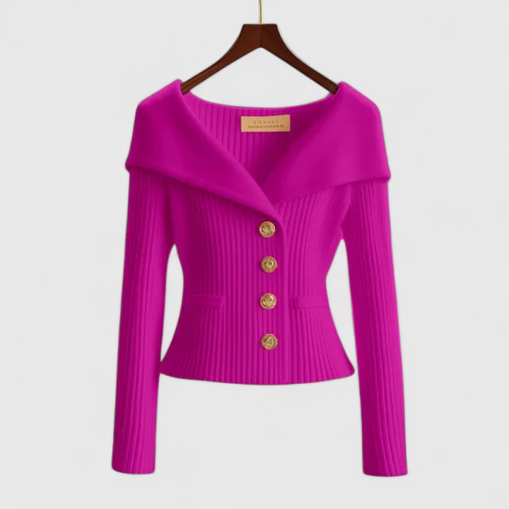 Élodie | Gilet Femme Ajusté en Maille Côtelée à Grand Col et Boutons Dorés - Fuchsia