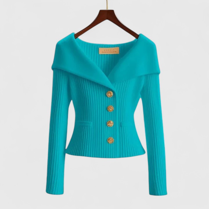 Élodie | Gilet Femme Ajusté en Maille Côtelée à Grand Col et Boutons Dorés - Bleu paon