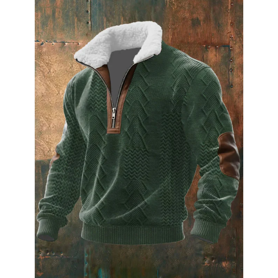 Éloi | Pull Homme Demi-Zip à Col Sherpa et Motif Effet Tricot - Vert