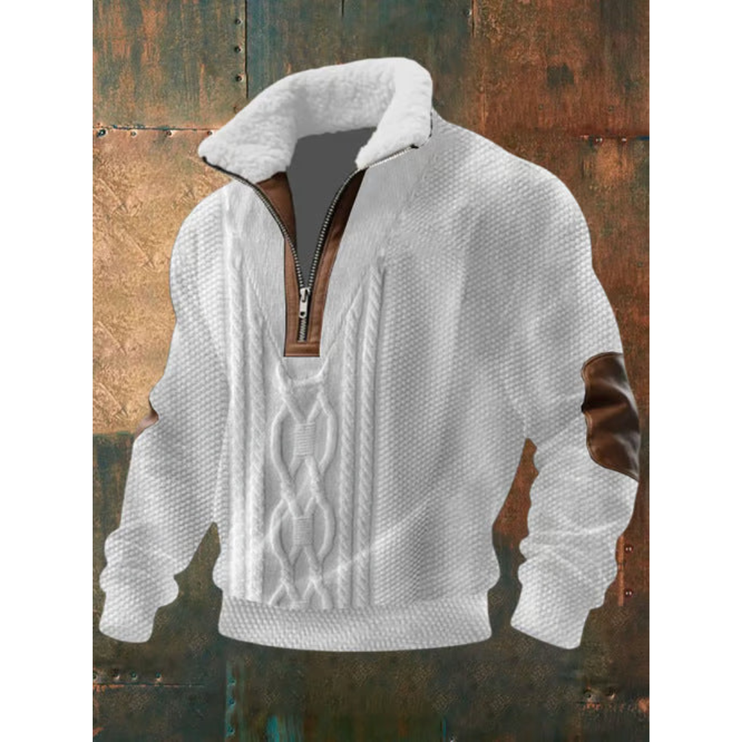 Éloi | Pull Homme Demi-Zip à Col Sherpa et Motif Effet Tricot - Blanc