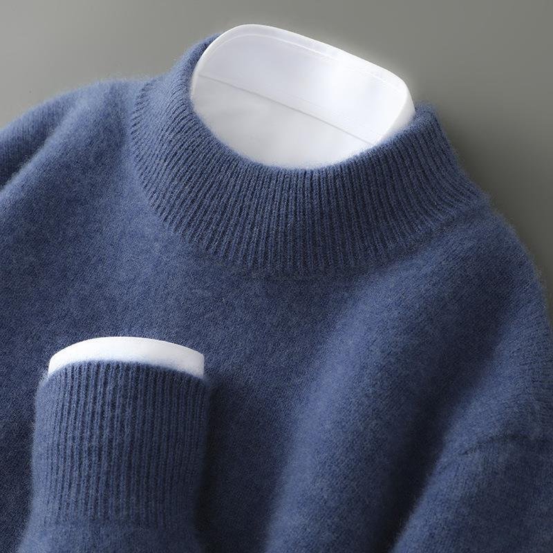 Émeline | Pull Col Montant Femme Toucher Cachemire à Bords Côtelés - Bleu