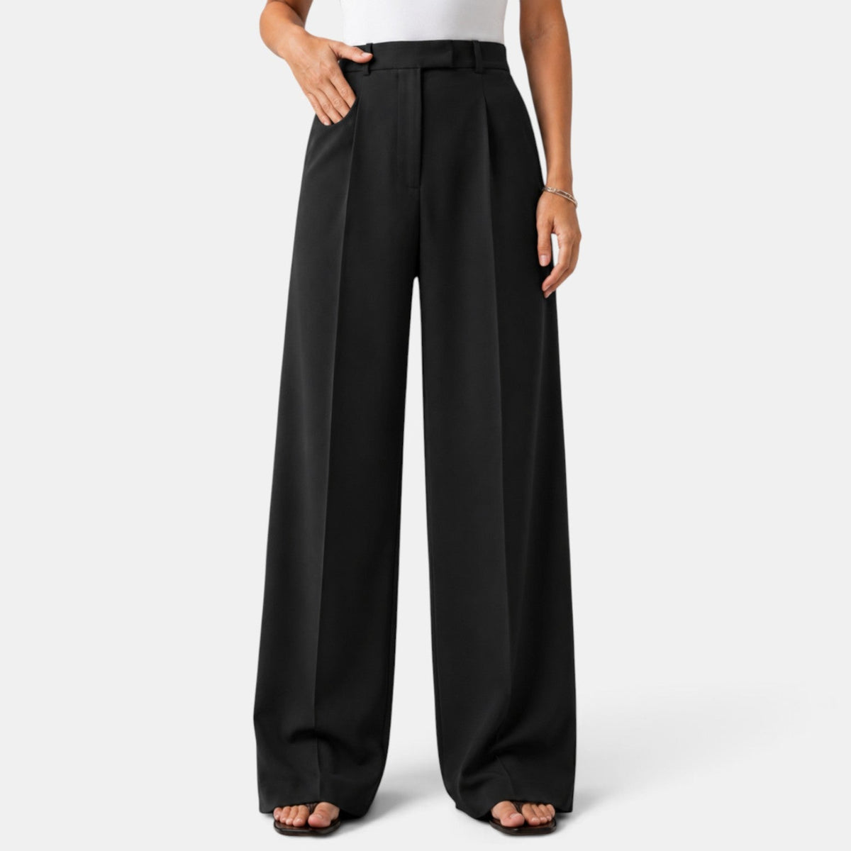 Estelle | Pantalon Habillé Femme Taille Haute à Jambe Large et Pinces - Noir