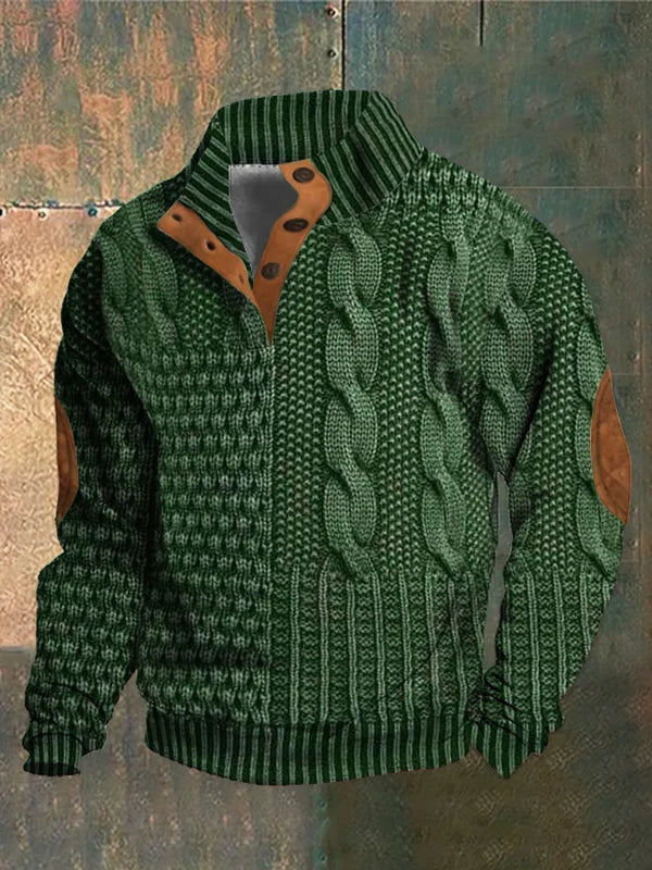 Eudes | Pull Homme Col Montant Boutonné à Motif Torsadé - Vert