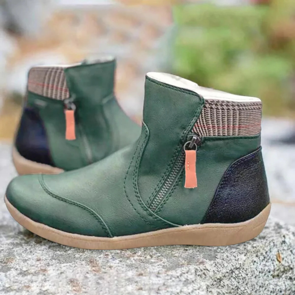Evelyne | Bottines d'Hiver Femme Effet Cuir Doublées à Zip et Col Écossais - Vert foncé