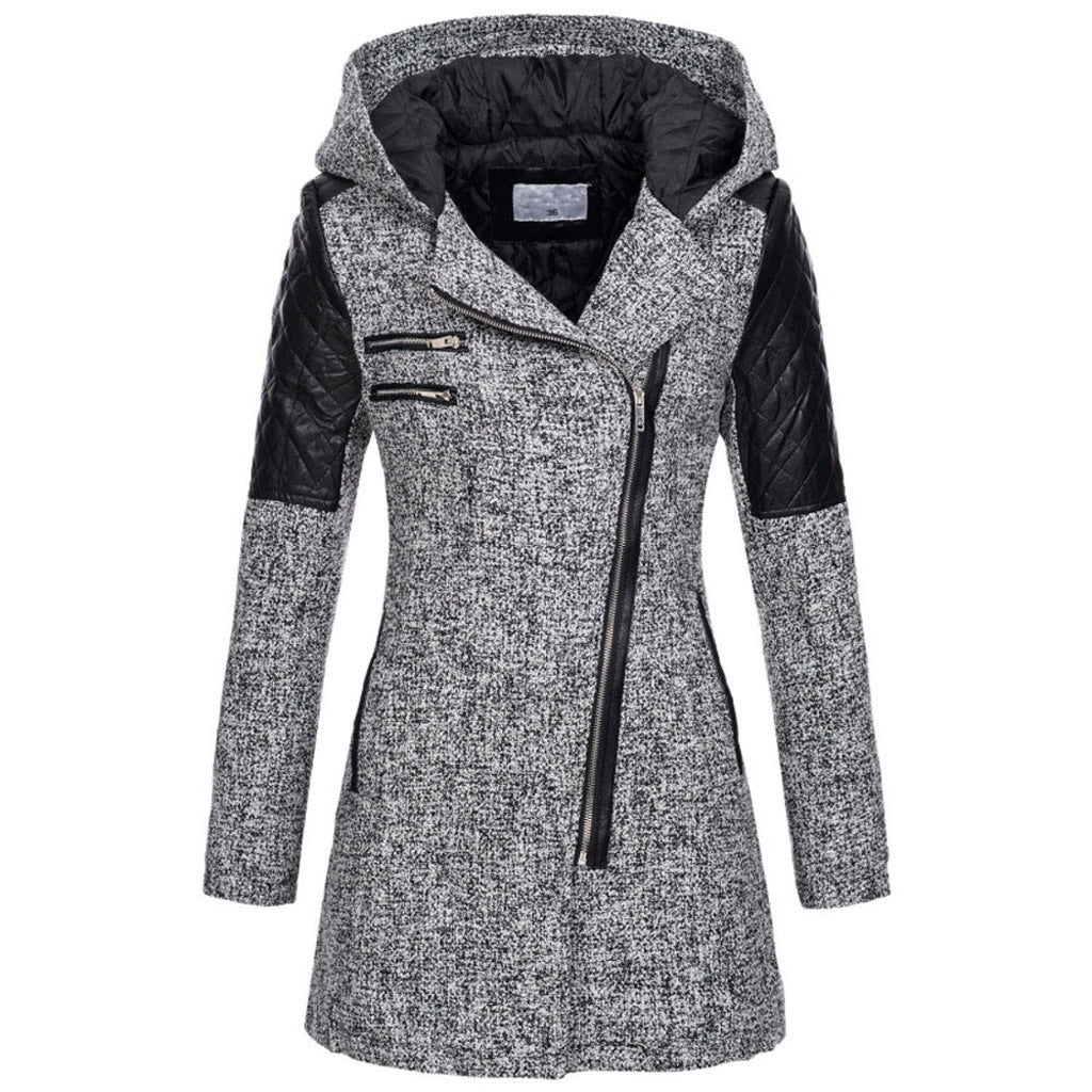 Ines Paris | Manteau d'hiver femme à capuche, zip asymétrique et empiècements effet cuir