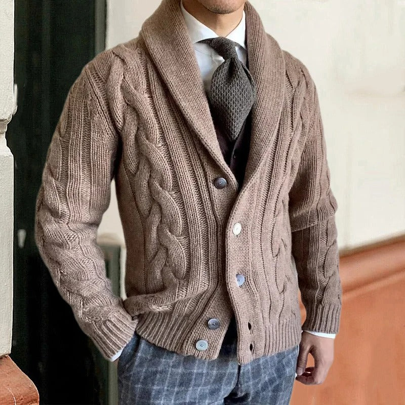 Fabien | Cardigan Homme Col Châle en Grosse Maille Torsadée - Kaki