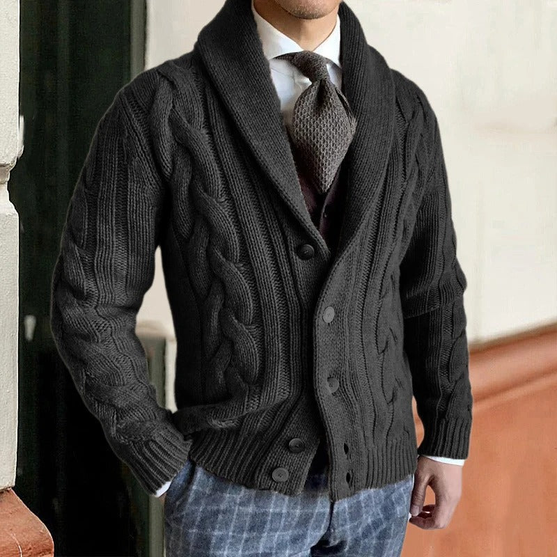 Fabien | Cardigan Homme Col Châle en Grosse Maille Torsadée - Noir