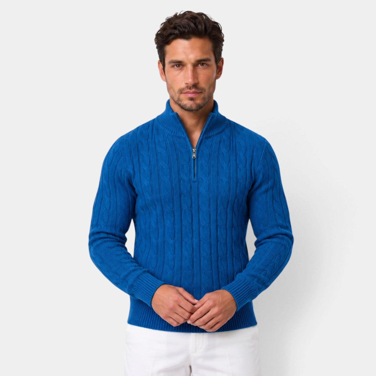 Félix | Pull Homme Maille Torsadée à Col Camionneur Zippé - Bleu marine