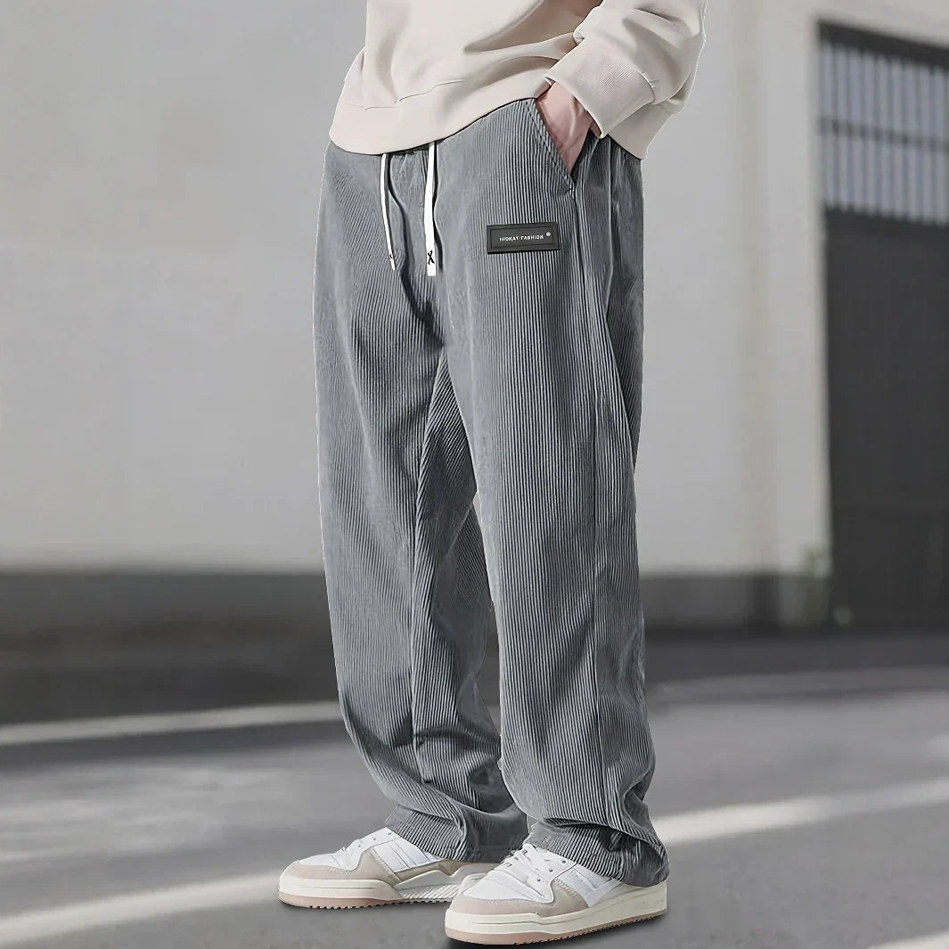 Florent | Pantalon Homme Velours Côtelé Ample à Taille Cordon - Gris