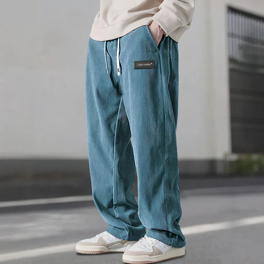Florent | Pantalon Homme Velours Côtelé Ample à Taille Cordon - Bleu canard