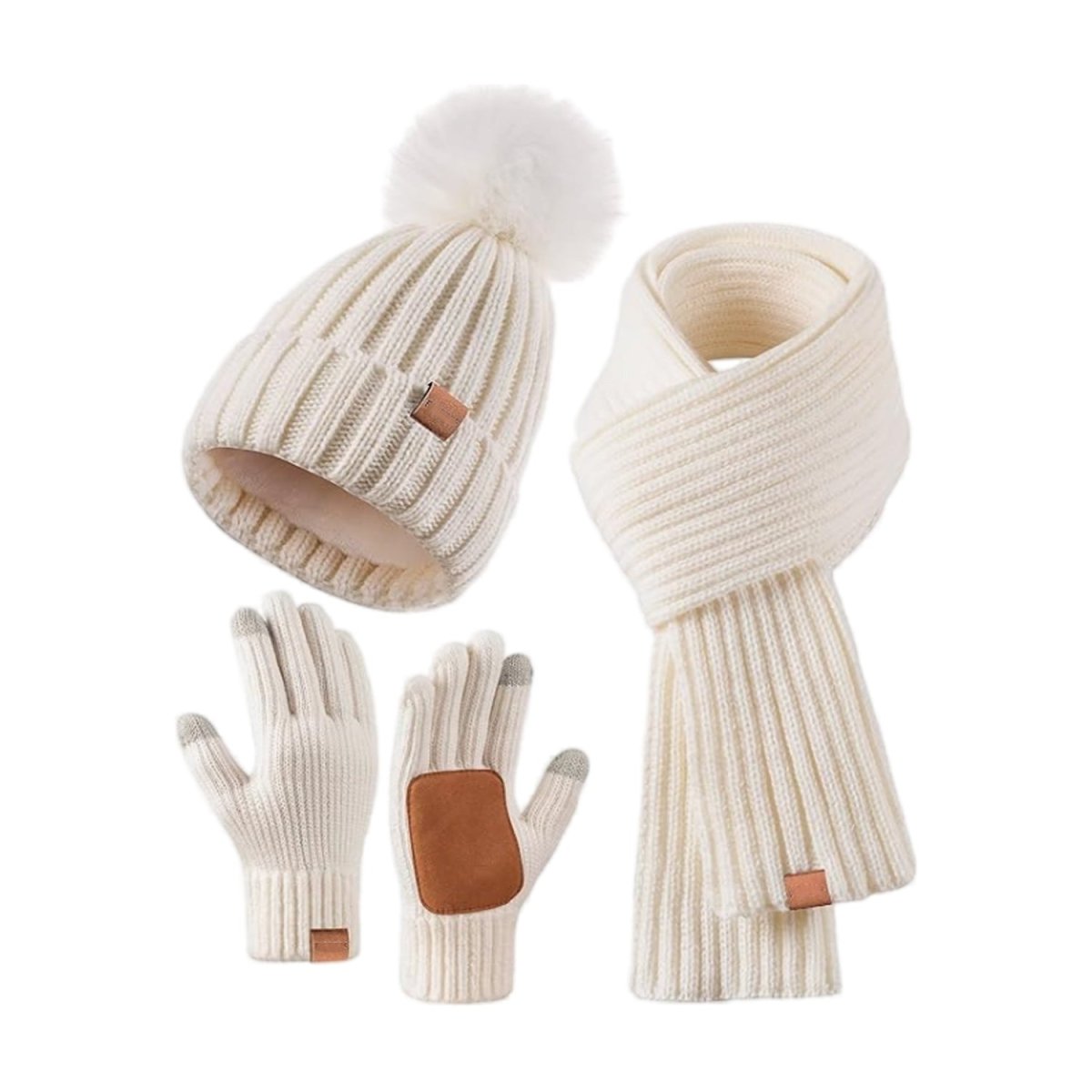 Florentine | Ensemble Bonnet à Pompon, Écharpe et Gants Tactiles Femme en Maille - Blanc cassé