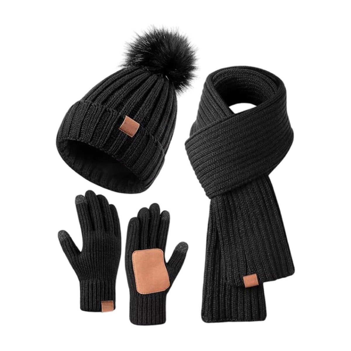 Florentine | Ensemble Bonnet à Pompon, Écharpe et Gants Tactiles Femme en Maille - Noir
