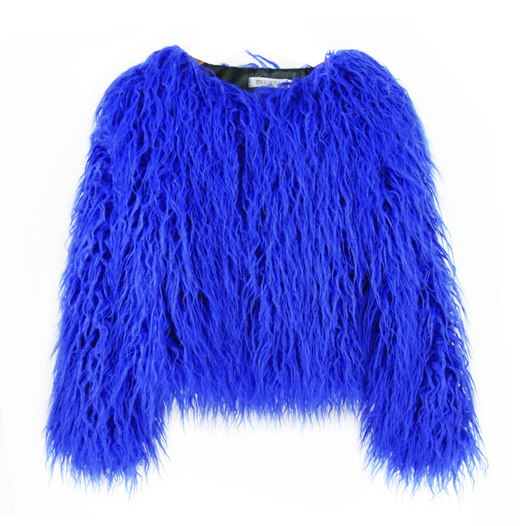 Françoise | Veste Courte en Fausse Fourrure à Poils Longs Femme - Bleu roi
