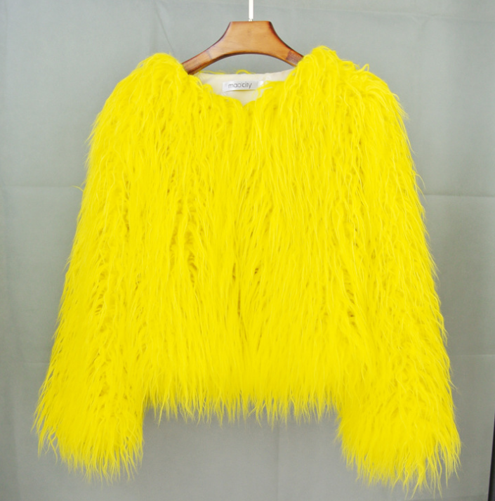 Françoise | Veste Courte en Fausse Fourrure à Poils Longs Femme - Jaune