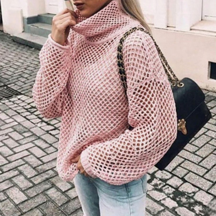 Gabrielle | Pull Col Roulé Grosse Maille Femme Oversize à Manches Ballon - Rose