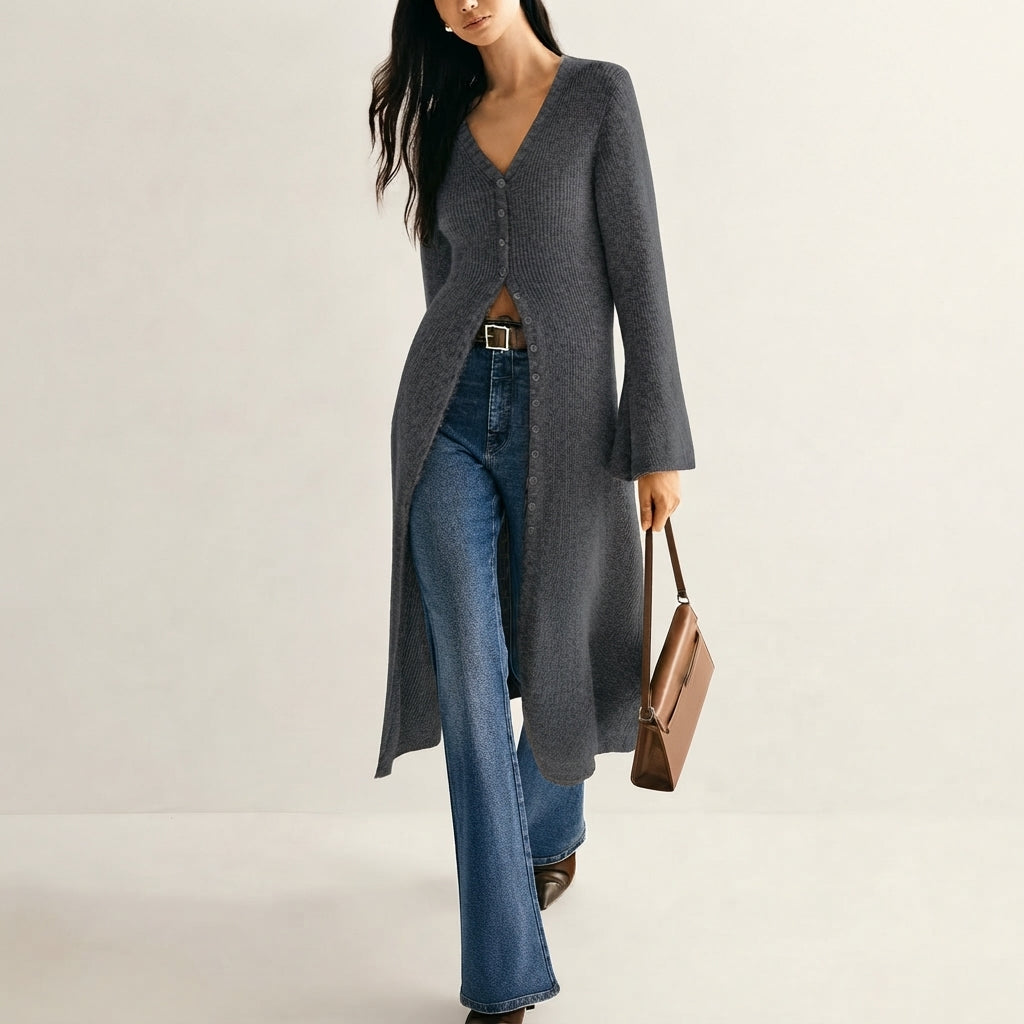 Ghislaine | Gilet Long en Maille Col V Boutonné Femme - Gris foncé