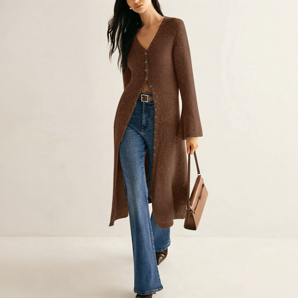 Ghislaine | Gilet Long en Maille Col V Boutonné Femme - Marron
