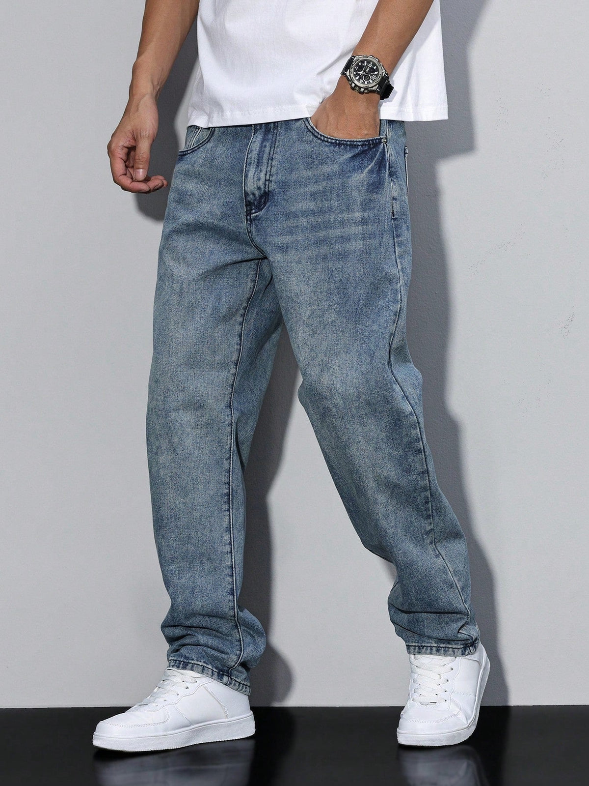 Gilles | Jean Homme Coupe Droite Ample en Denim Délavé - Bleu gris