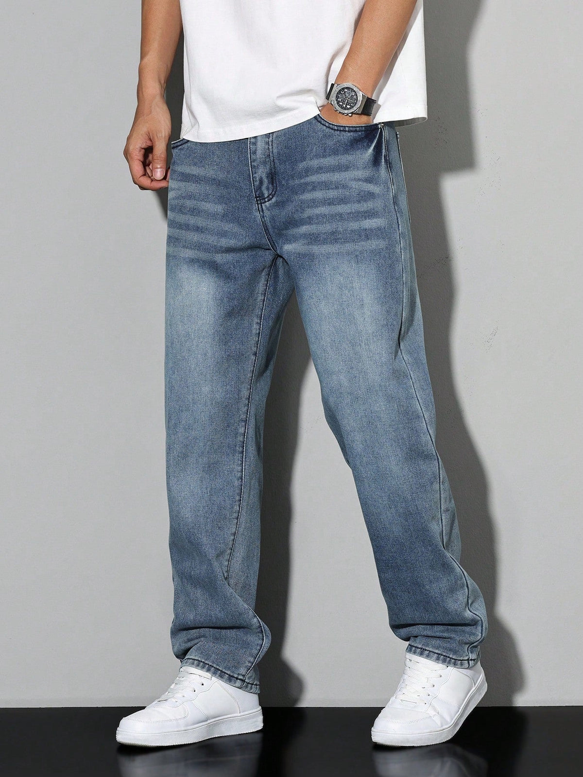 Gilles | Jean Homme Coupe Droite Ample en Denim Délavé - Bleu délavé