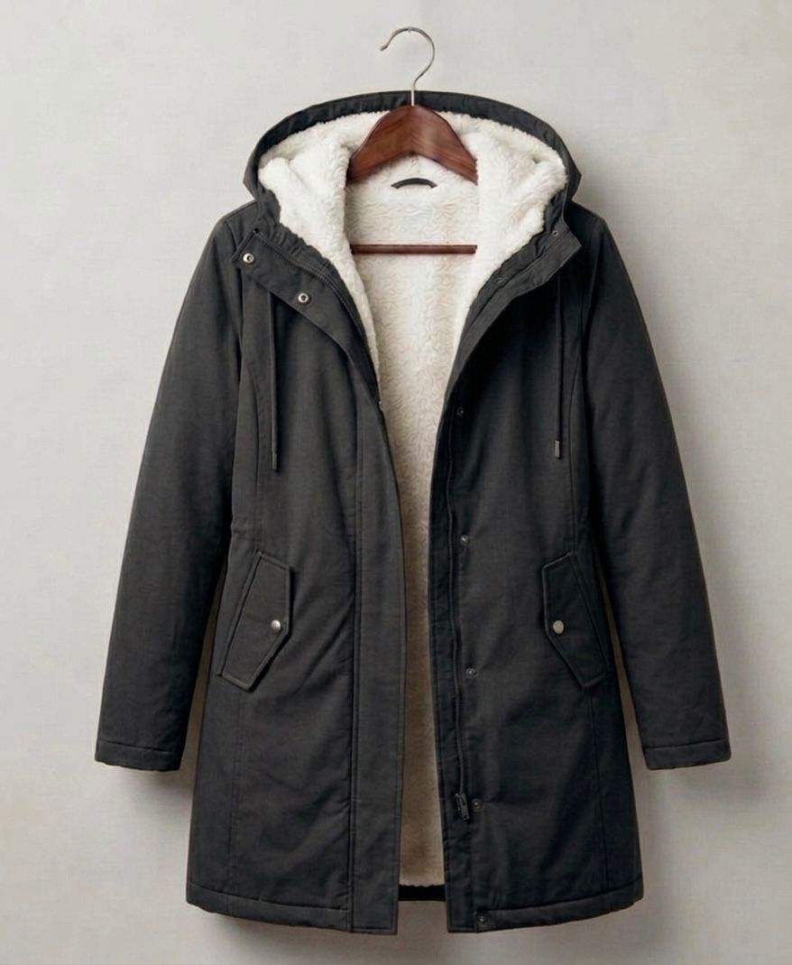 Gisèle | Parka Femme Doublée Polaire à Capuche, Taille Ajustable et Longueur Mi-Cuisse - Noir