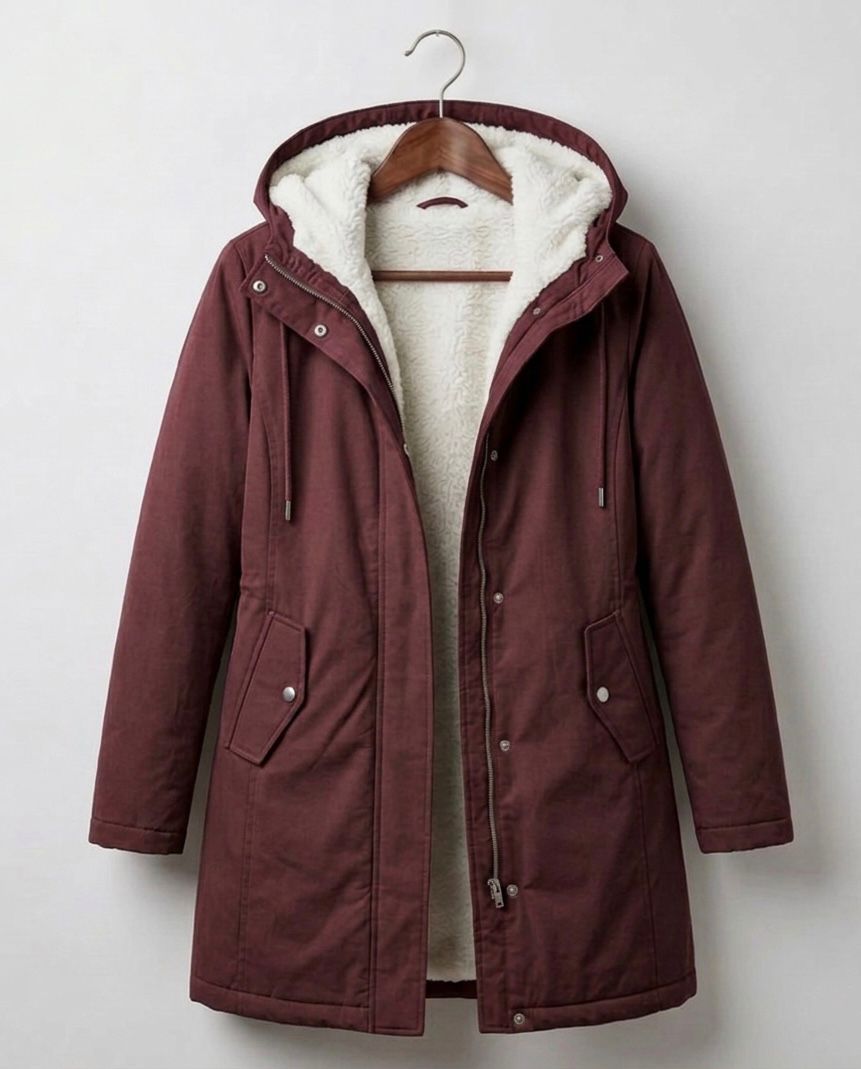 Gisèle | Parka Femme Doublée Polaire à Capuche, Taille Ajustable et Longueur Mi-Cuisse - Rouge vin