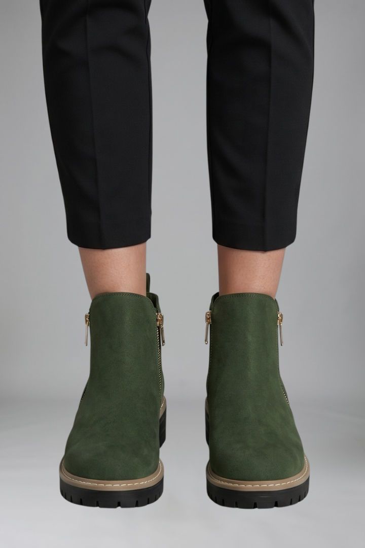 Hélène | Bottines Zippées Aspect Daim à Semelle Crantée Femme - Vert