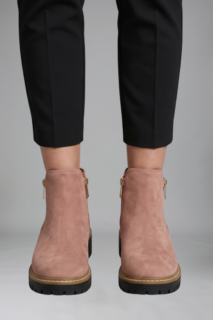 Hélène | Bottines Zippées Aspect Daim à Semelle Crantée Femme - Rose
