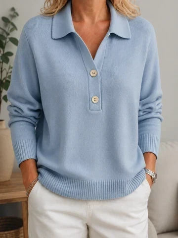 Hermine | Pull Femme Col Polo Boutonné en Maille Douce - Bleu clair