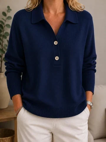 Hermine | Pull Femme Col Polo Boutonné en Maille Douce - Bleu marine
