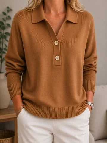 Hermine | Pull Femme Col Polo Boutonné en Maille Douce - Camel