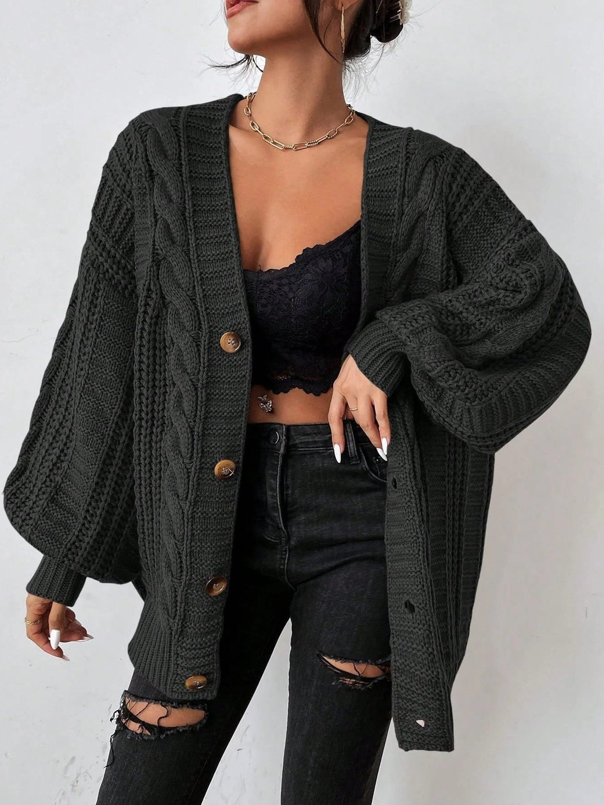 Hortense | Gilet Oversize Femme Torsadé à Manches Ballon - Noir