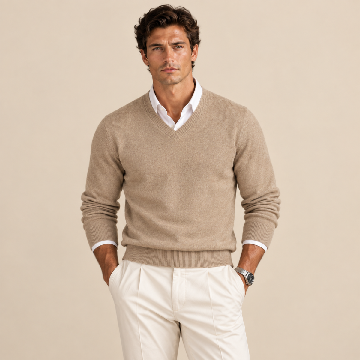 Hugues | Pull Homme Col V en Maille Douce Toucher Cachemire - Beige