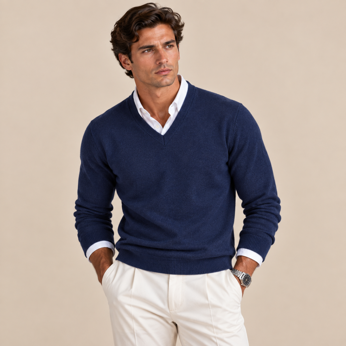 Hugues | Pull Homme Col V en Maille Douce Toucher Cachemire - Bleu