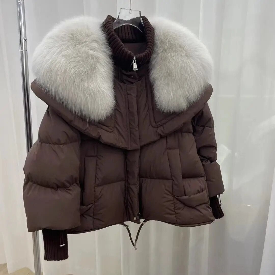Doudoune courte femme cintrée, grand col fausse fourrure