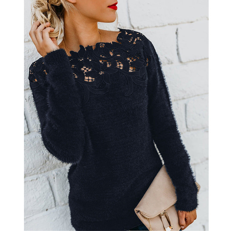 Inès | Pull Femme Maille Duveteuse à Empiècement en Dentelle - Noir