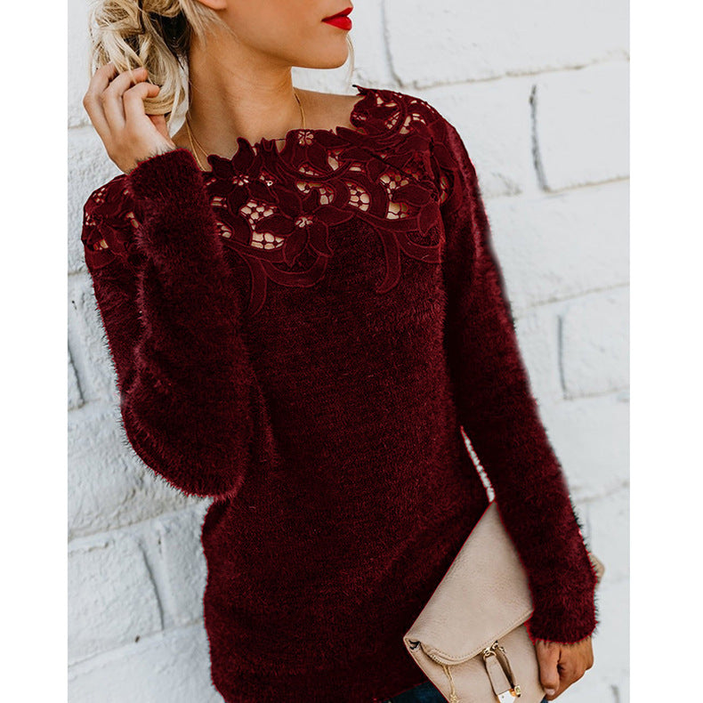 Inès | Pull Femme Maille Duveteuse à Empiècement en Dentelle - Bordeaux