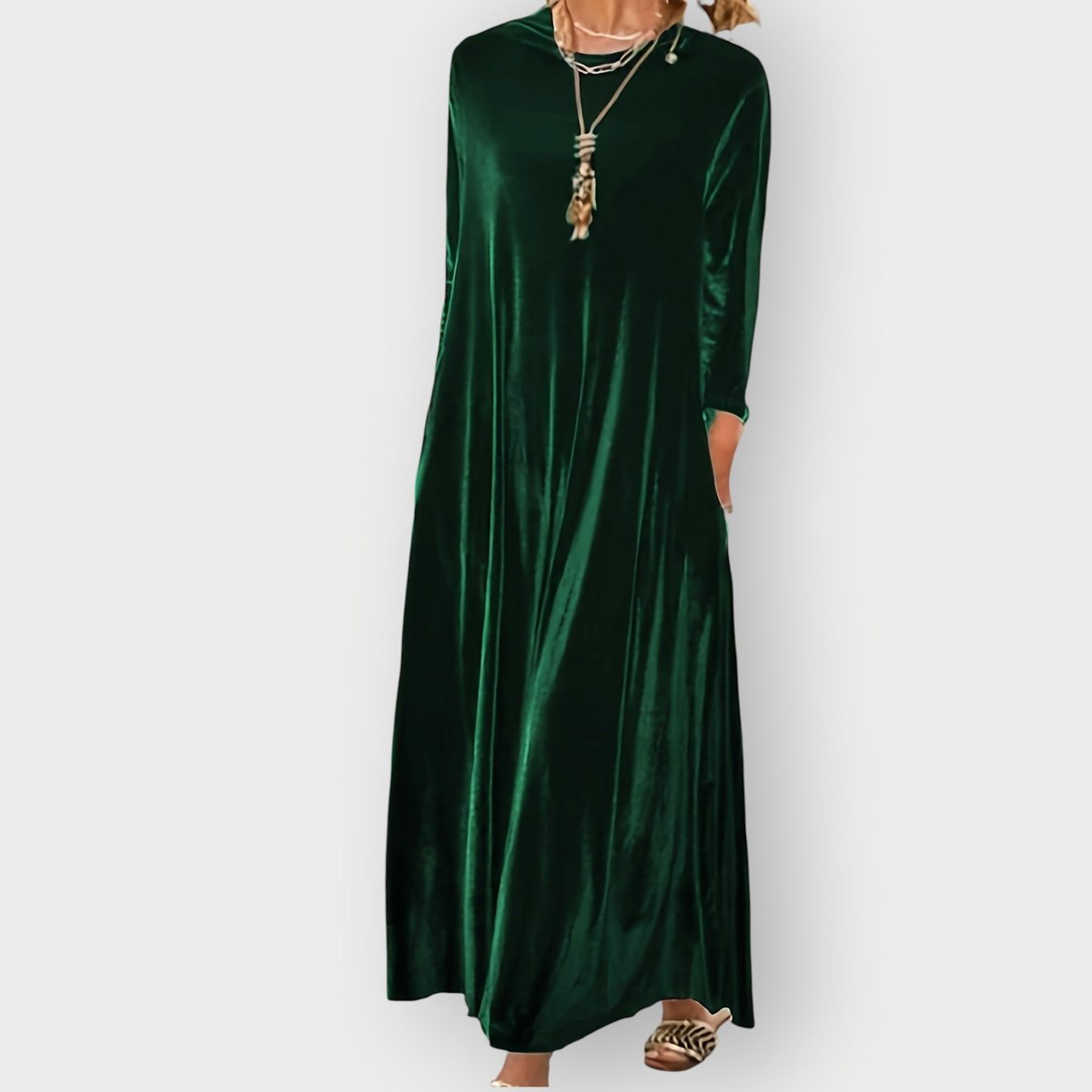 Irène | Robe Longue Femme en Velours à Manches Longues et Poches - Vert foncé