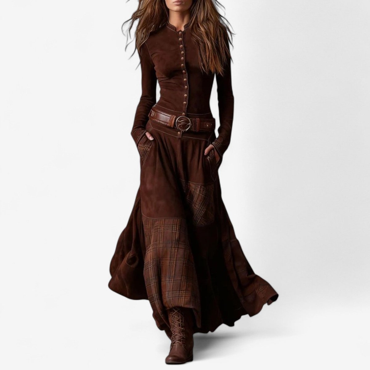 Jacinthe | Robe Longue Femme à Carreaux Patchwork, Boutonnée avec Poches et Ceinture - Rouge