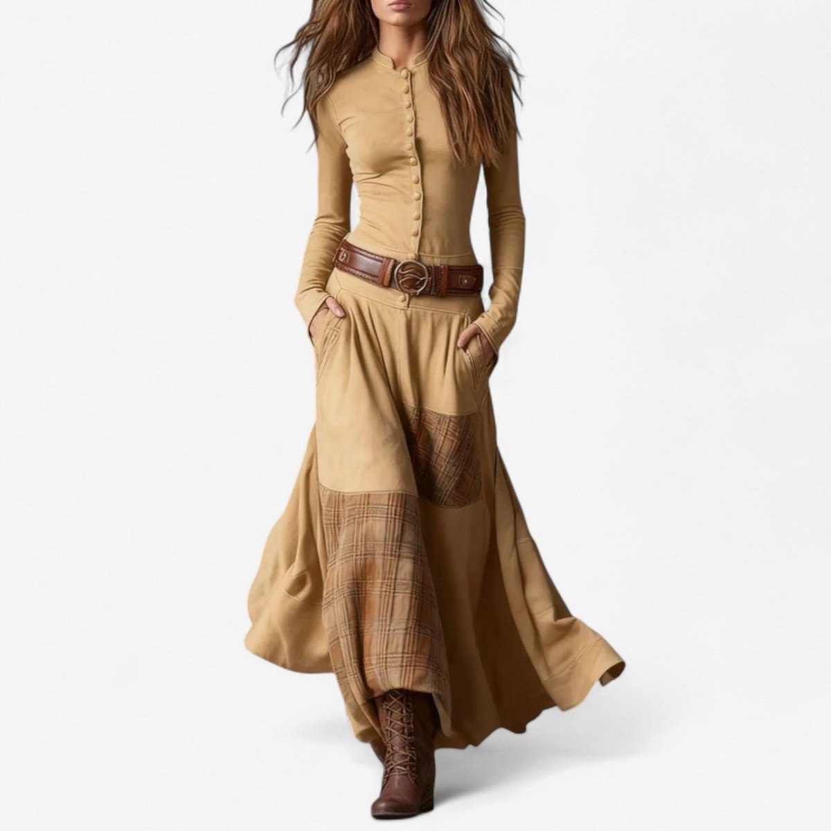 Jacinthe | Robe Longue Femme à Carreaux Patchwork, Boutonnée avec Poches et Ceinture - Abricot