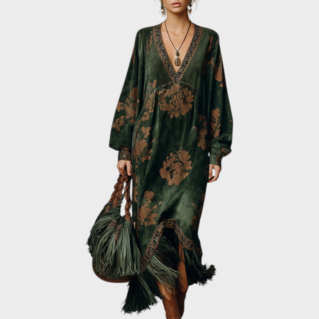 Jeanne | Robe Longue Femme Aspect Suédine à Franges et Col en V - Vert