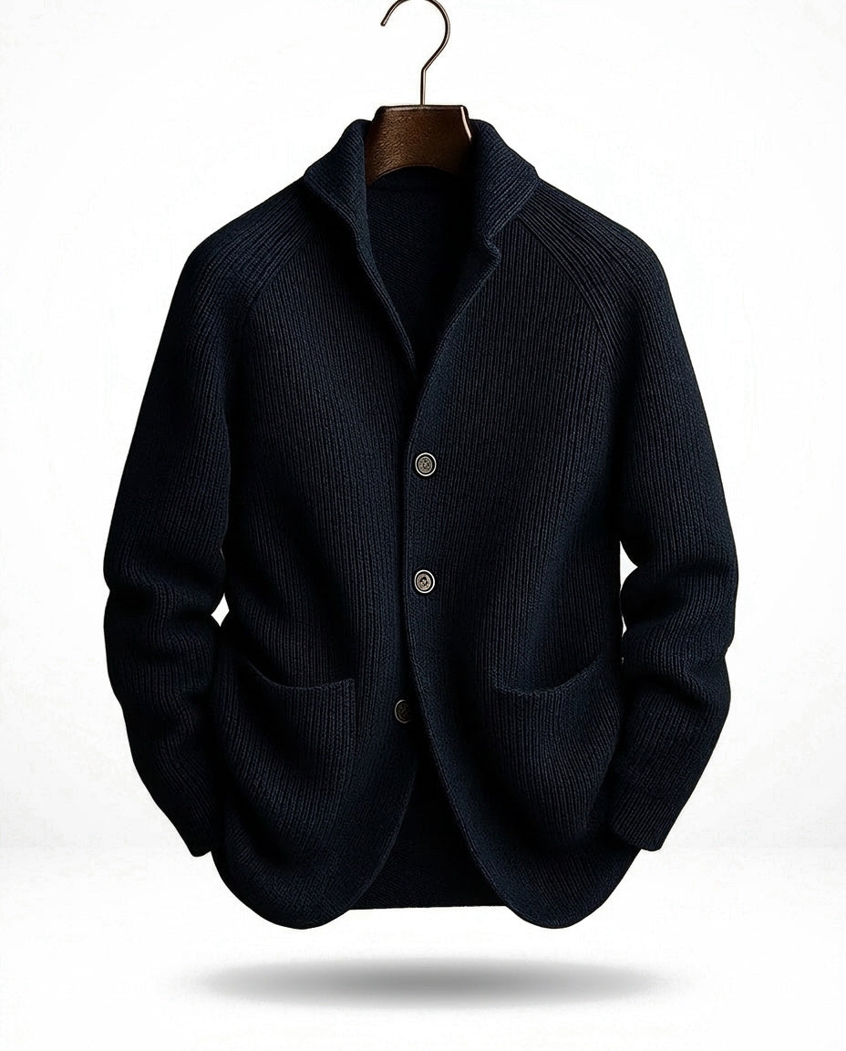Jérôme | Gilet Homme en Maille Côtelée à Col Châle et Boutons - Bleu marine