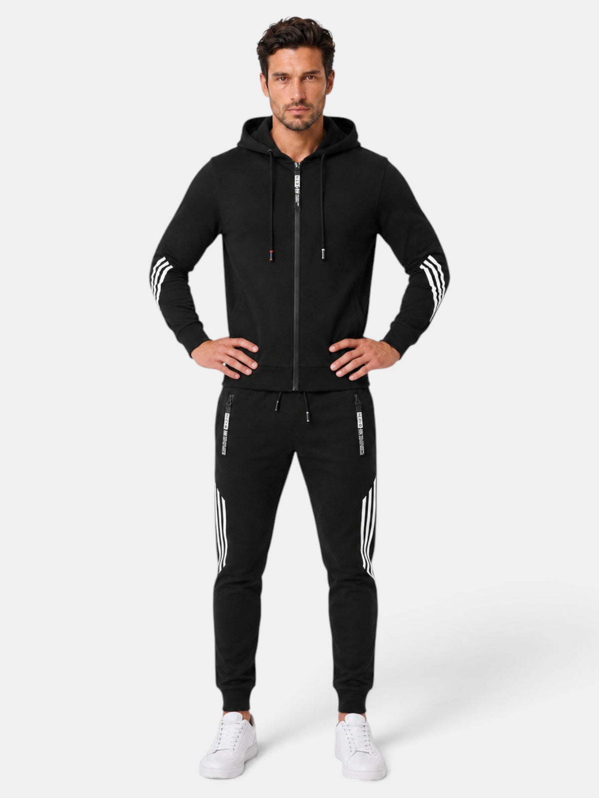 Josselin | Survêtement Homme Deux Pièces à Capuche Zippé avec Bandes Contrastées - Noir