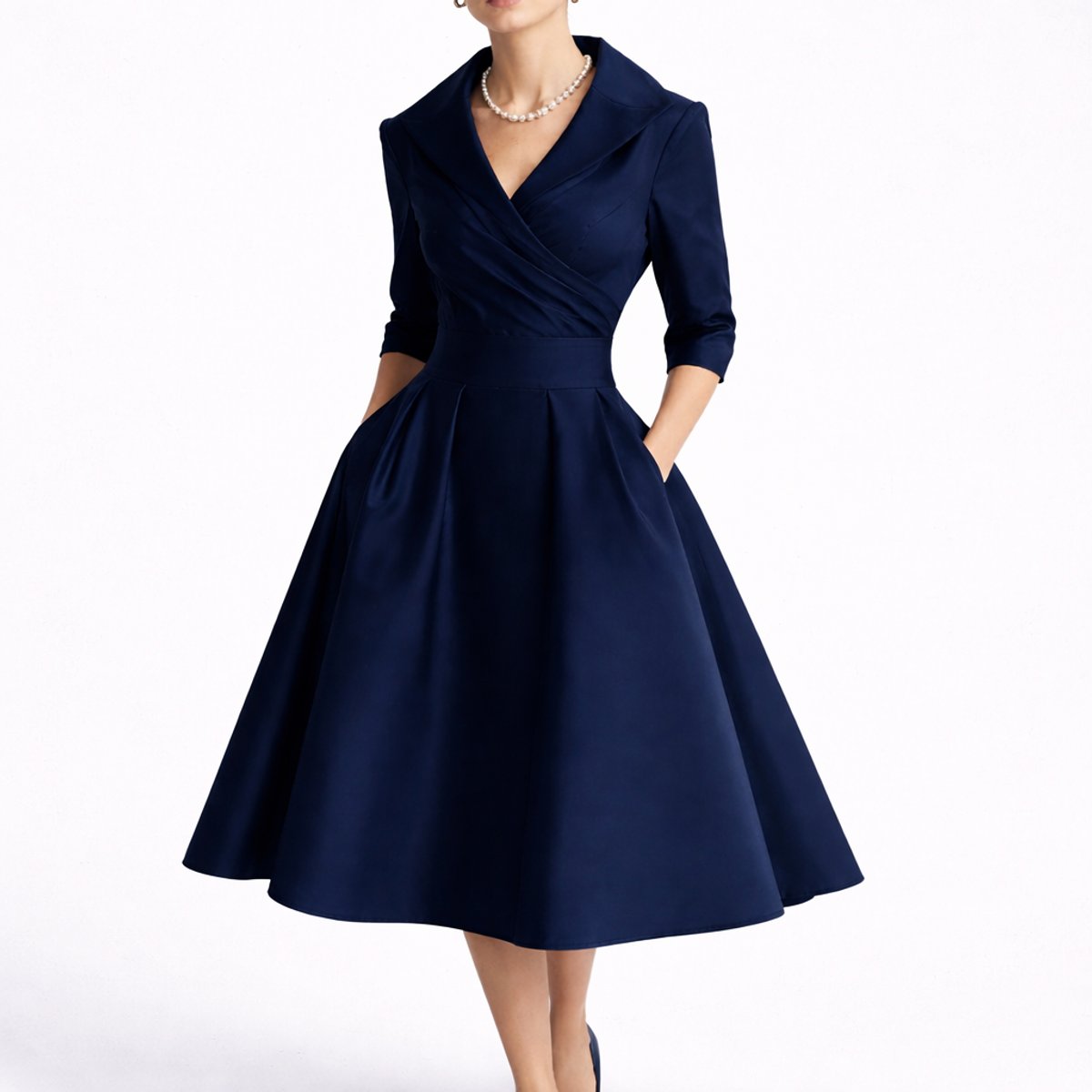 Judith | Robe Midi Femme Évasée à Poches, Col Croisé et Manches 3/4 - Bleu marine